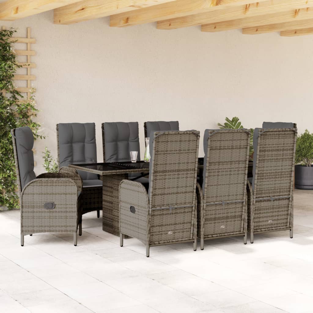 vidaXL 9-tlg. Garten-Essgruppe mit Kissen Grau Poly Rattan