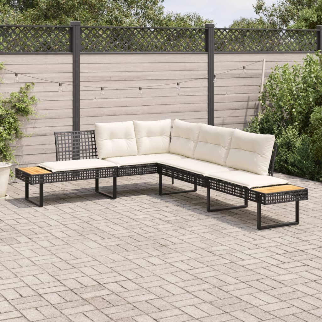 vidaXL Gartensofa in L-Form mit Kissen Schwarz Poly Rattan und Akazie