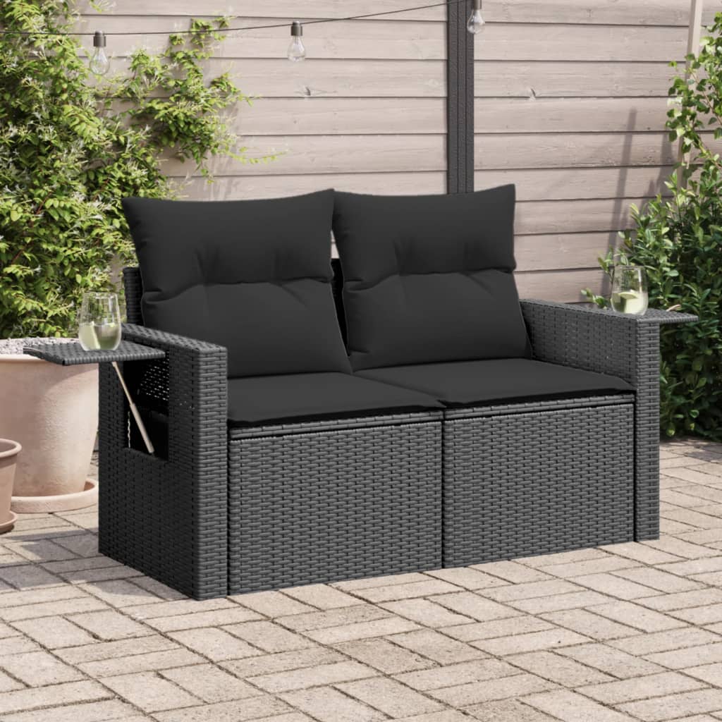 vidaXL Gartensofa mit Kissen 2-Sitzer Schwarz Poly Rattan