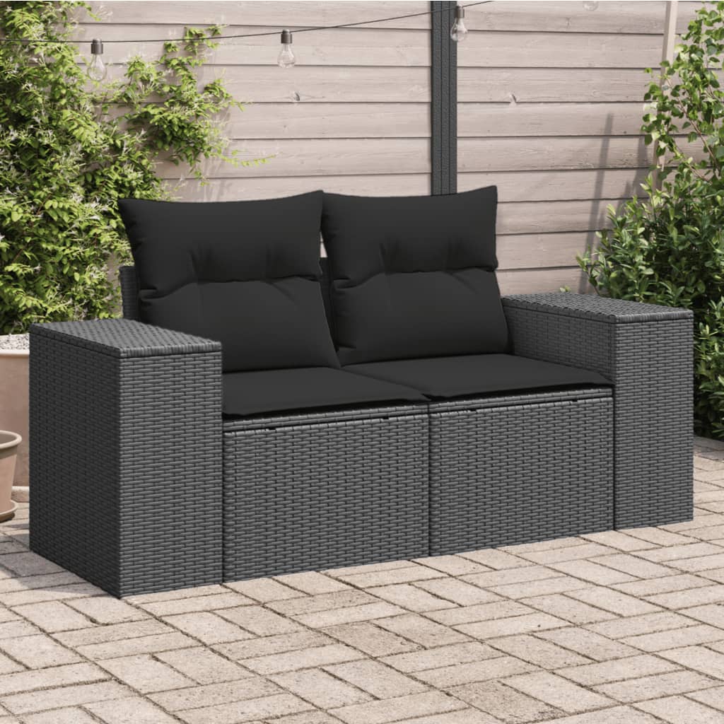 vidaXL Garden Sofa with Cushions 2-Seater Black Poly Rattan