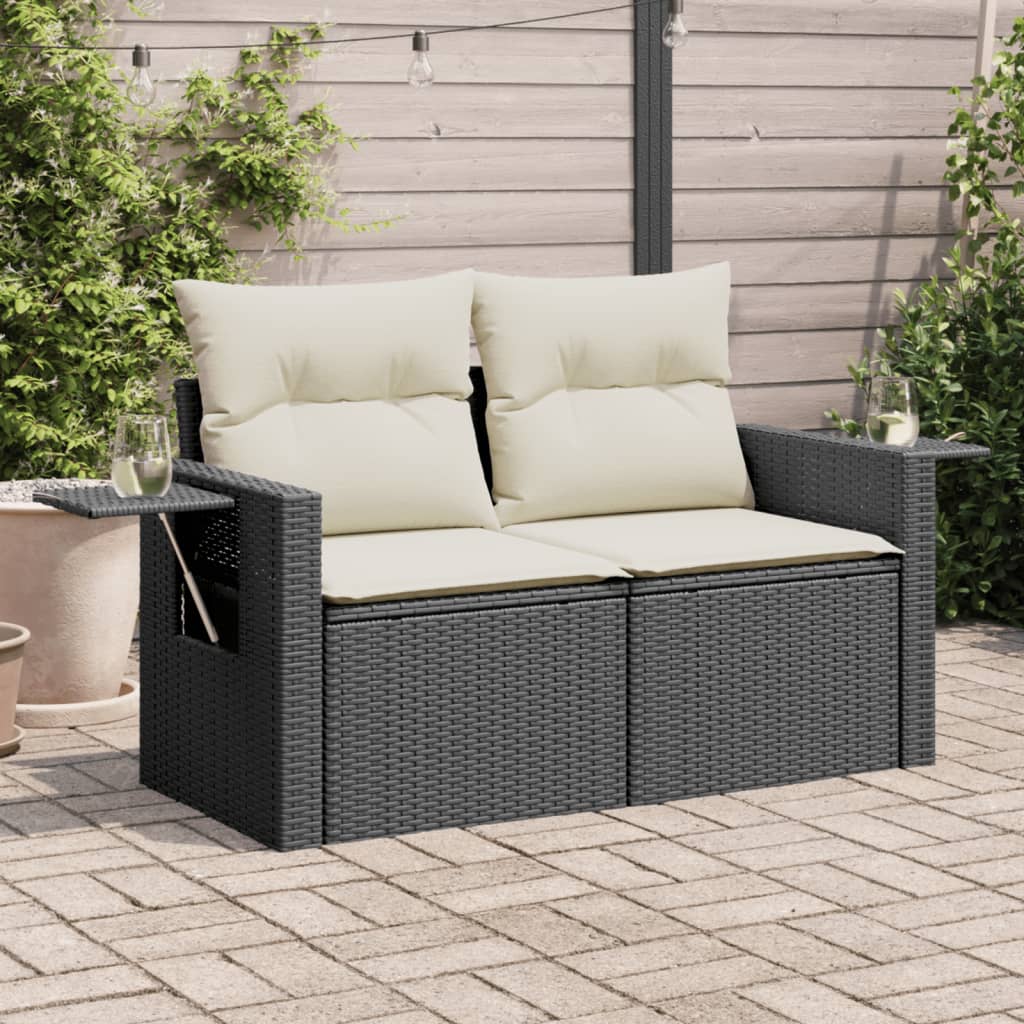 vidaXL Gartensofa mit Kissen 2-Sitzer Schwarz Poly Rattan