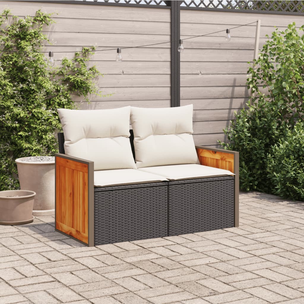 vidaXL Záhradná pohovka s vankúšmi 2-miestna čierna polyrattan