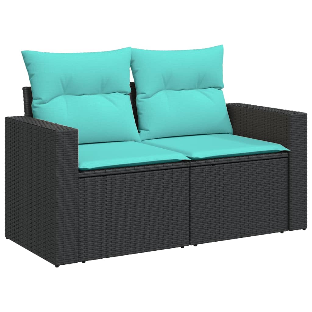 vidaXL Patio Sofa with Cushions 2-Seater Black Poly Rattan