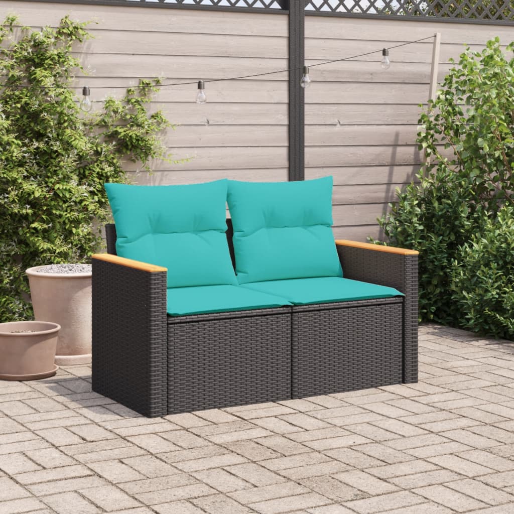 vidaXL Tuinbank 2-zits met kussens poly rattan zwart