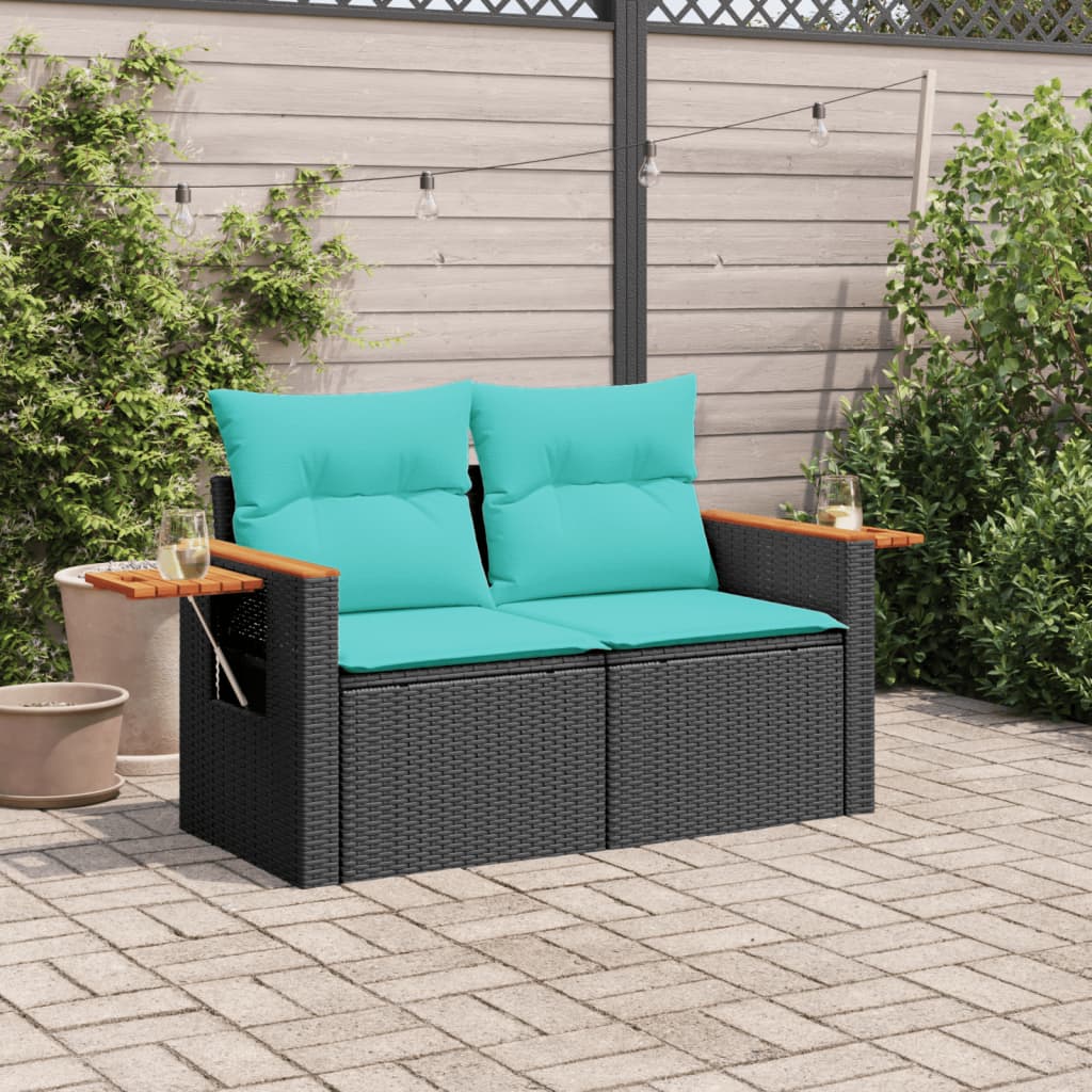 vidaXL Tuinbank 2-zits met kussens poly rattan zwart