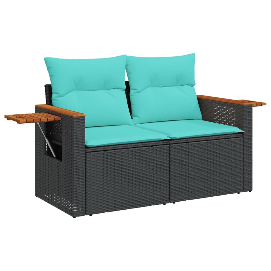 vidaXL Patio Sofa with Cushions 2-Seater Black Poly Rattan