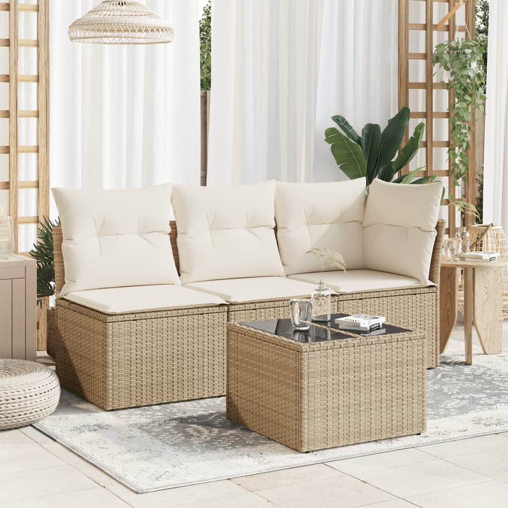 vidaXL Tuintafel met glazen blad 55x55x37 cm poly rattan beige