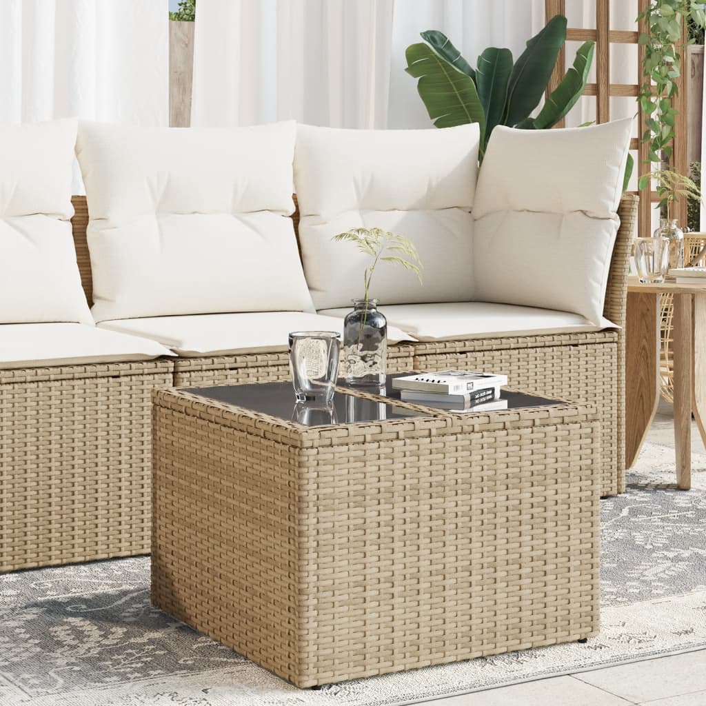 vidaXL havebord med glastop 55x55x37 cm polyrattan beige