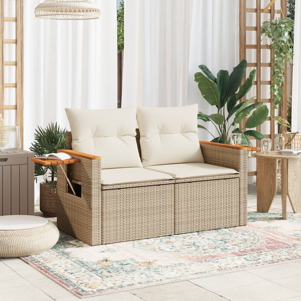 vidaXL Tuinbank 2-zits met kussens poly rattan beige afbeelding