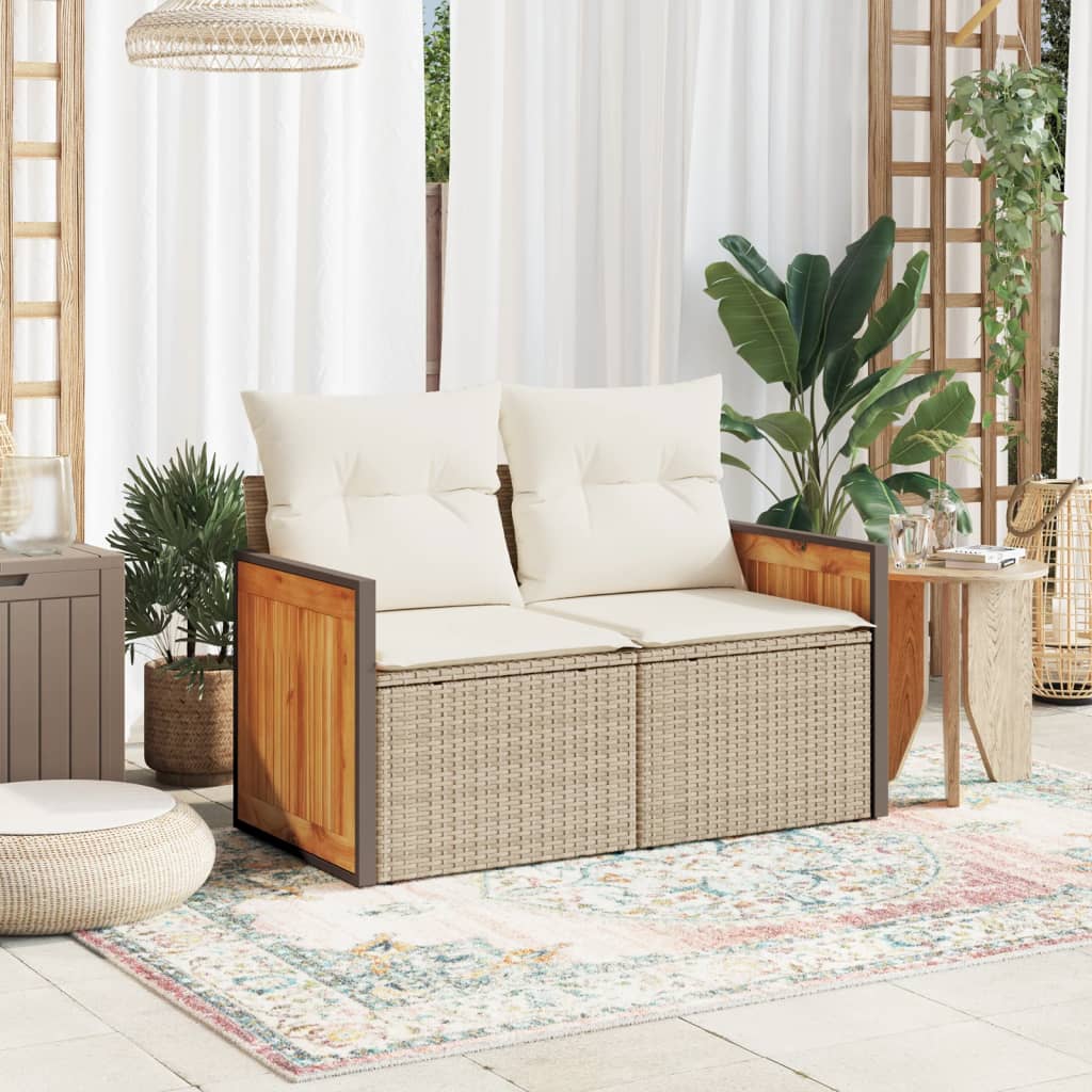 vidaXL Tuinbank 2-zits met kussens poly rattan beige afbeelding