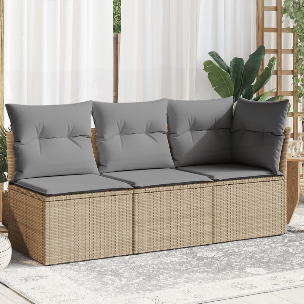 vidaXL Garden Sofa with Cushions 3-Seater Beige Poly Rattan