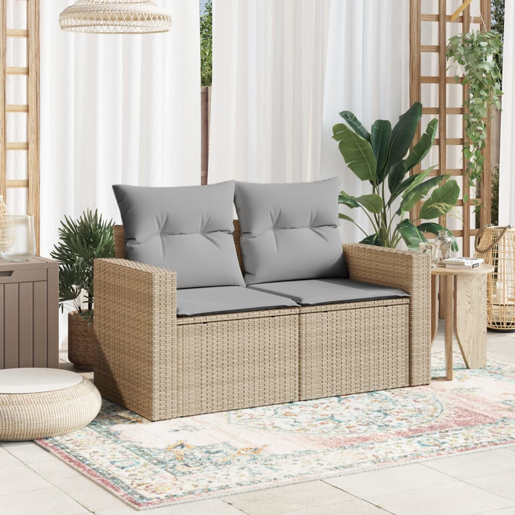 vidaXL Tuinbank 2-zits met kussens poly rattan beige afbeelding