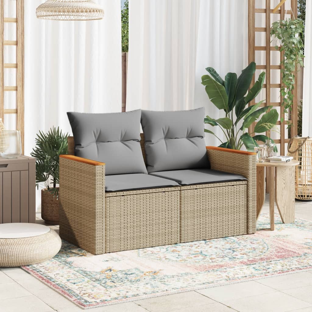 vidaXL Tuinbank 2-zits met kussens poly rattan beige afbeelding