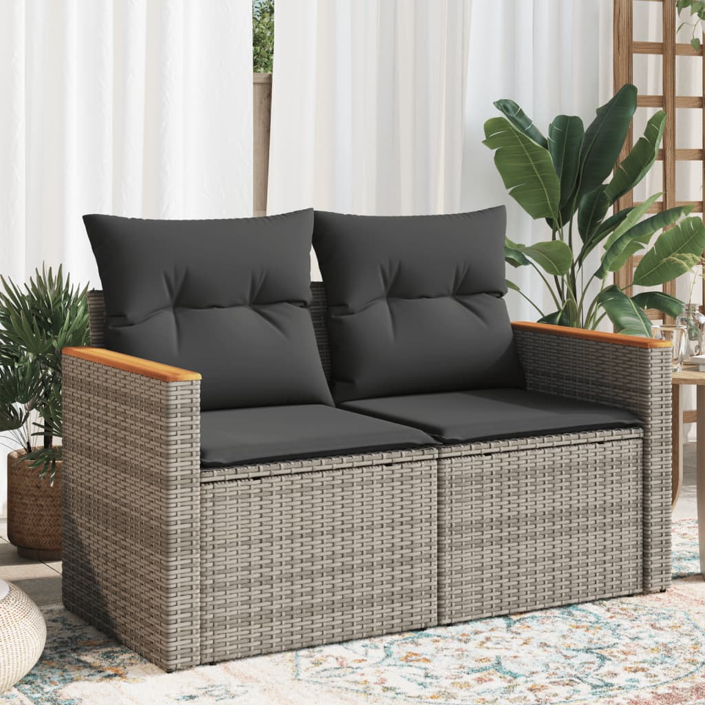 vidaXL Gartensofa 2-Sitzer mit Kissen Grau Poly Rattan