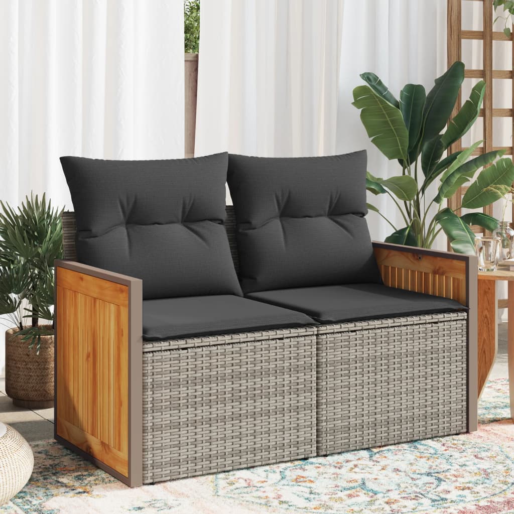 vidaXL Garden Sofa with Cushions 2-Seater Grey Poly Rattan