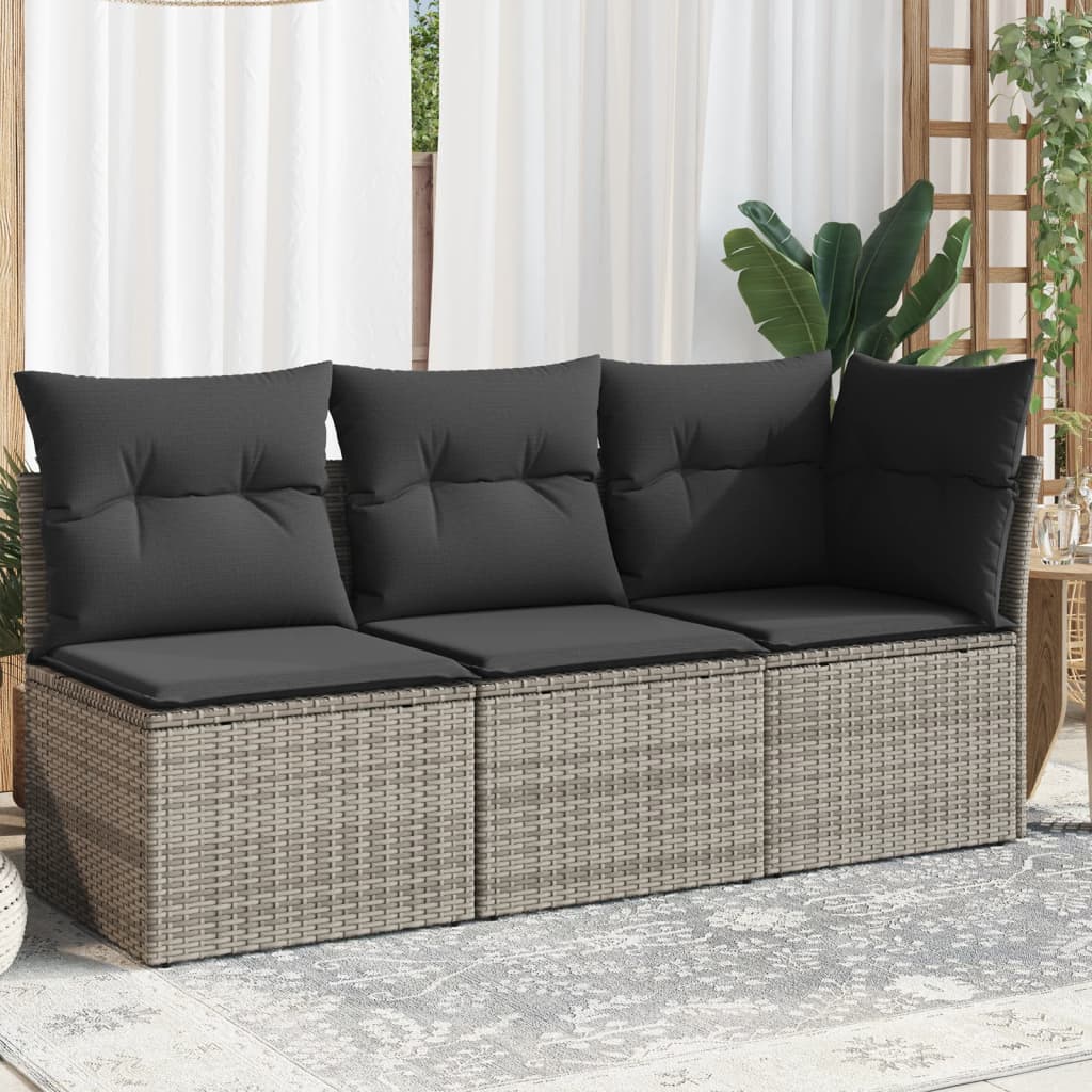 vidaXL Garden Sofa with Cushions 3-Seater Grey Poly Rattan