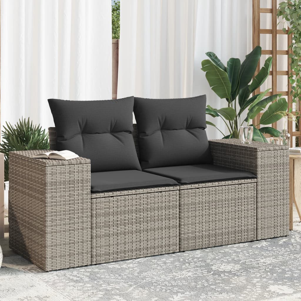 vidaXL Garden Sofa with Cushions 2-Seater Grey Poly Rattan