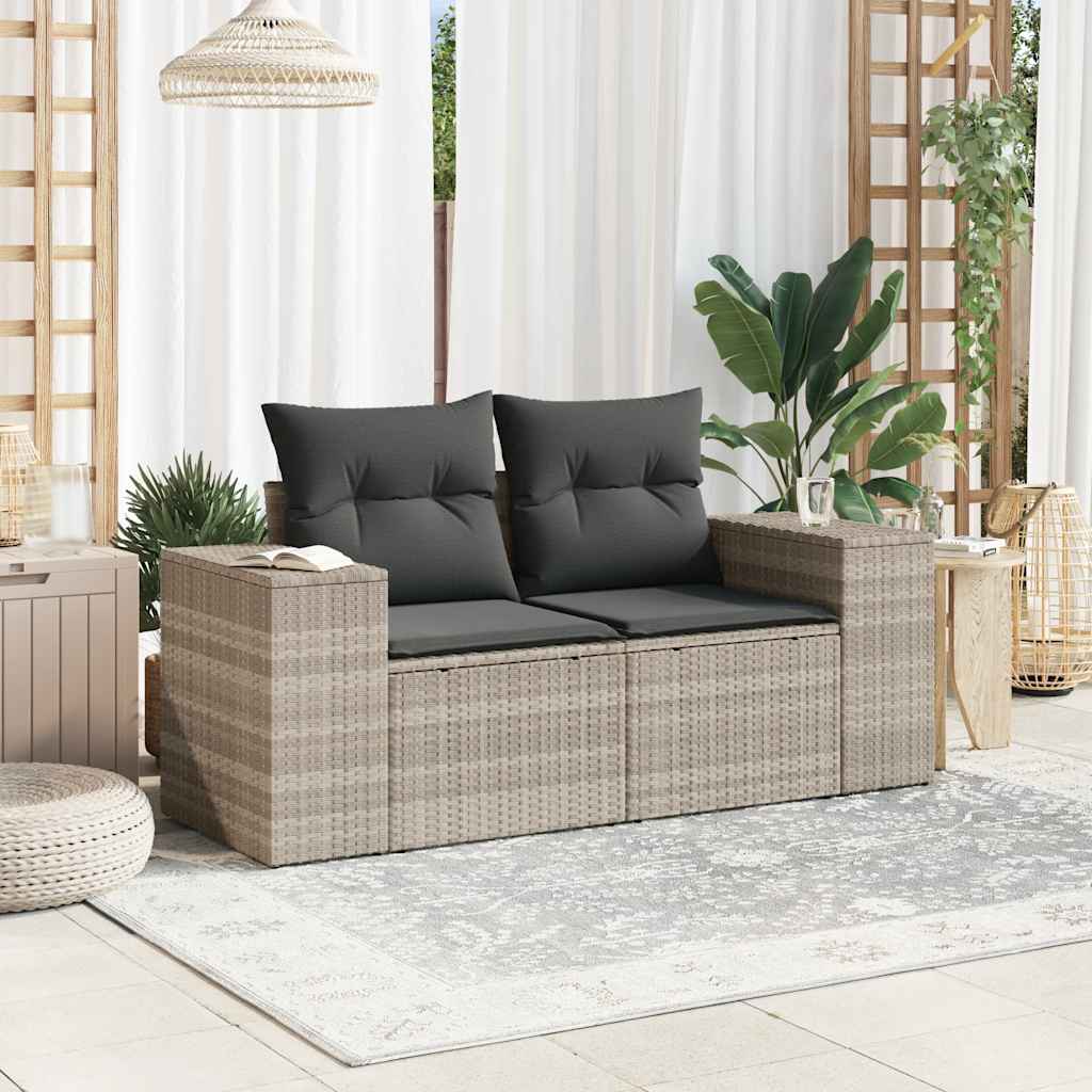 vidaXL Tuinbank 2-zits met kussens poly rattan lichtgrijs afbeelding
