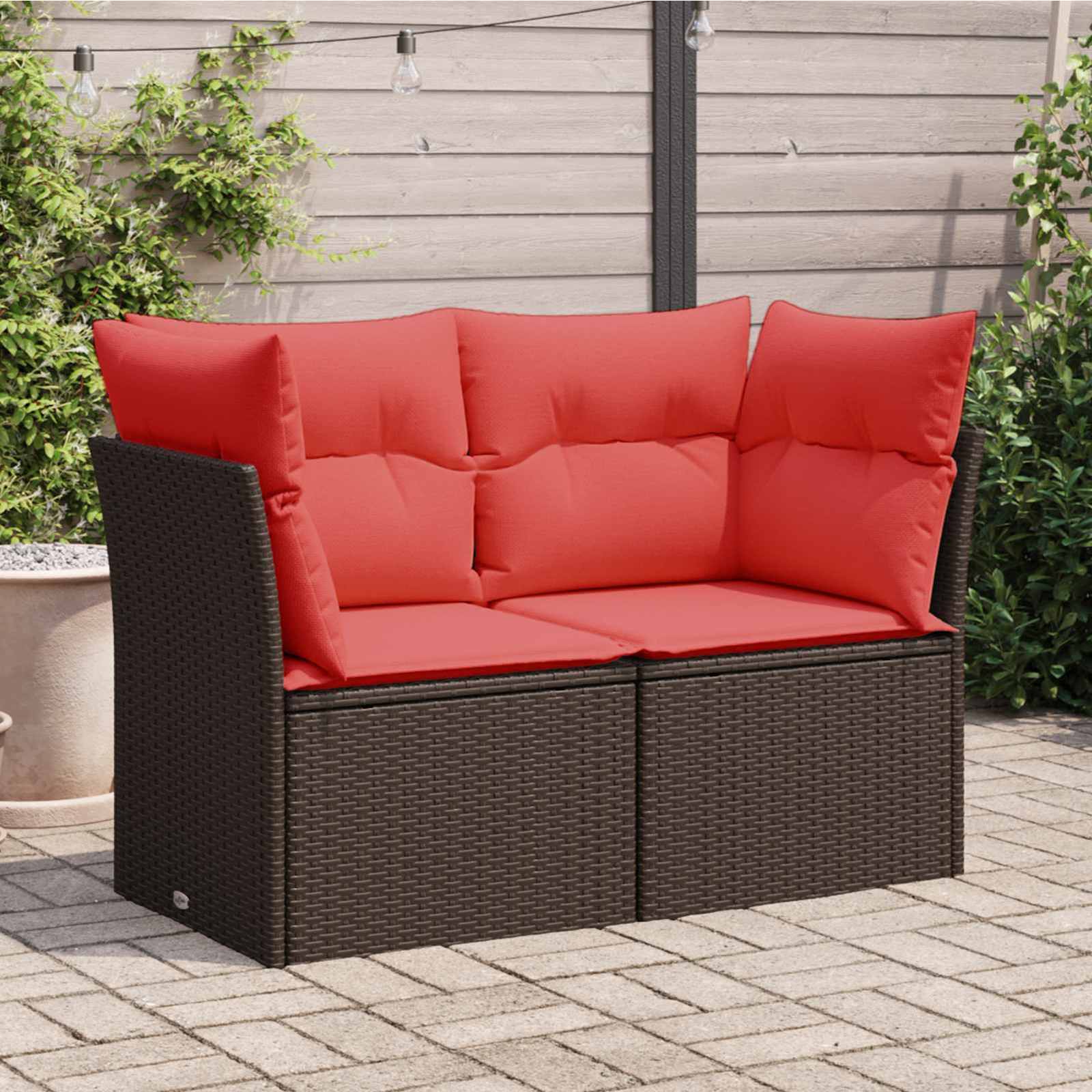 Havesofa med hynder 2-personers - brun polyrattan, rød polstring