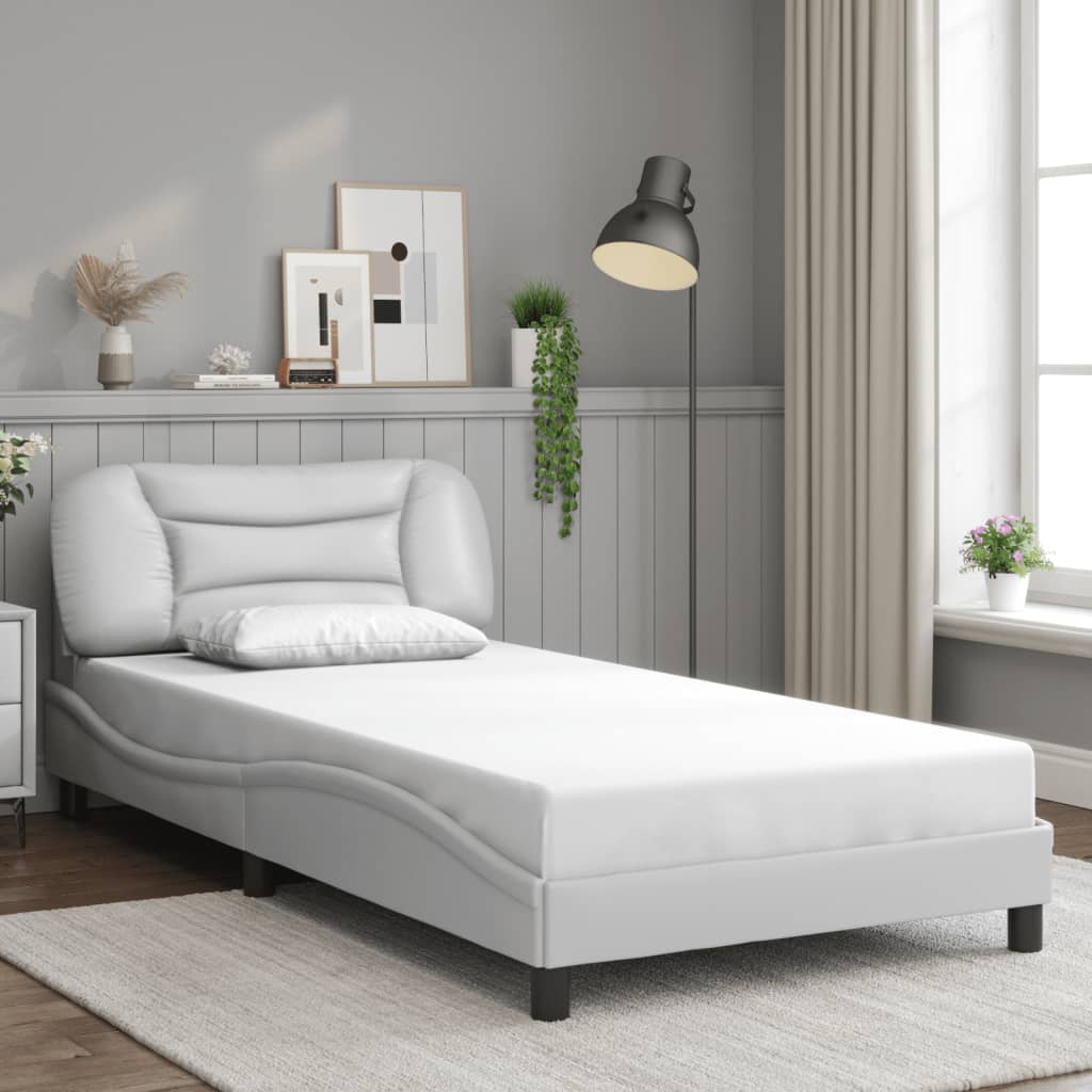 Bed Frame White Faux leather, metal, solid pine wood, plywood Twin