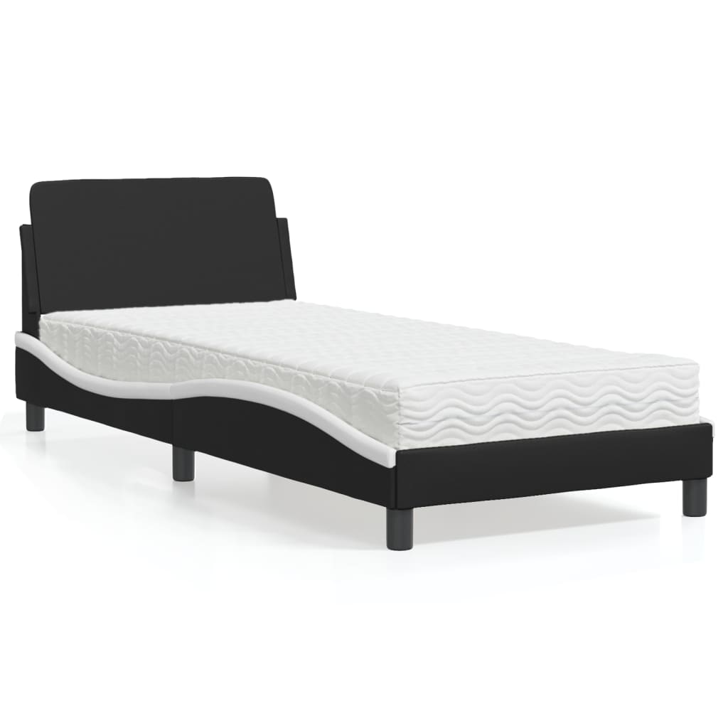 vidaXL Pat cu saltea, negru și alb, 90x200 cm, piele ecologică