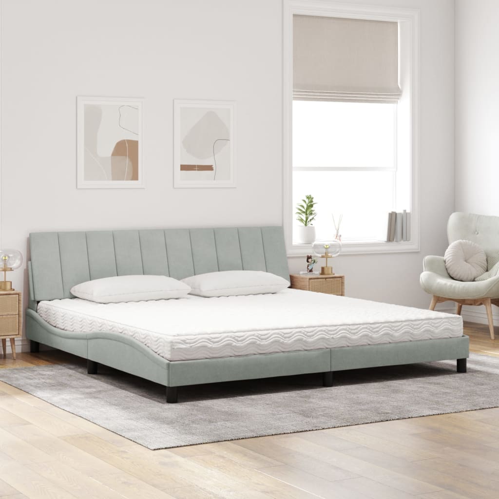 vidaXL Bed met matras "Hanko" fluweel lichtgrijs 200x200 cm grijs, foto 2