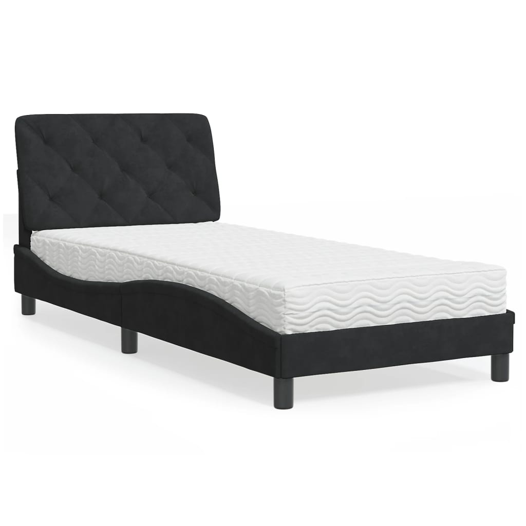 Seng med madras 80×200 cm i sort velour - bølget sengeramme