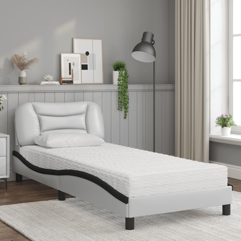 vidaXL Bed met matras "Hvar" kunstleer wit en zwart 90x190 cm, foto 2