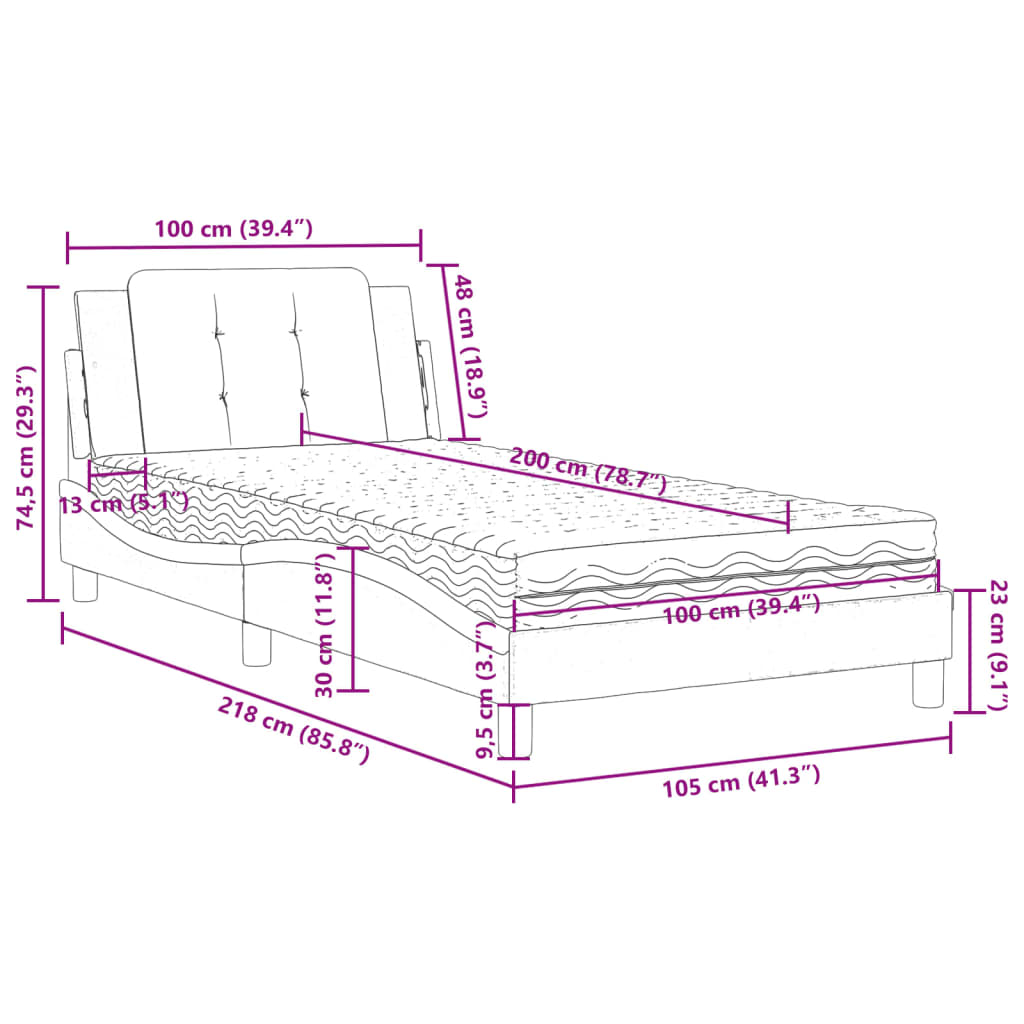 Łóżko z materacem 100x200 biało-czarne, piankowy, sztuczna skóra