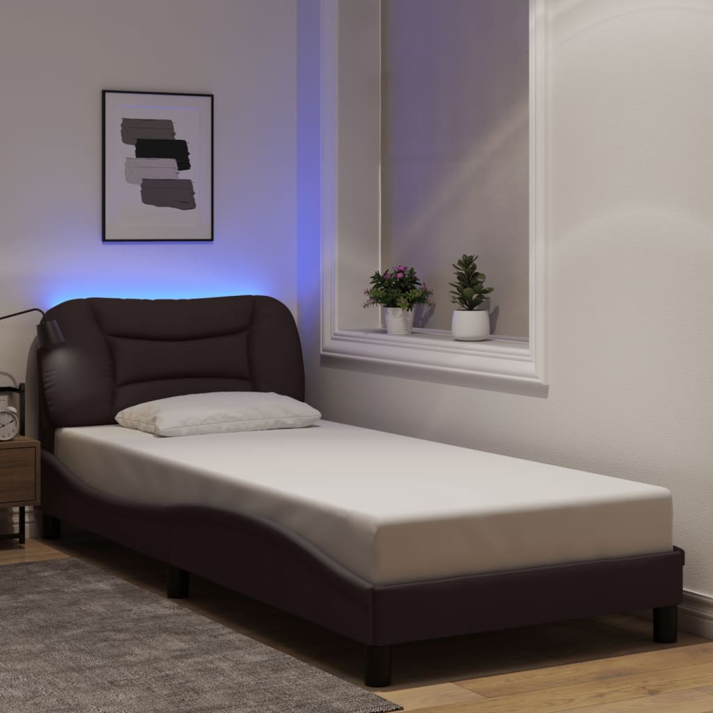 vidaXL Cadru de pat cu lumini LED, maro închis, 90x190 cm, textil