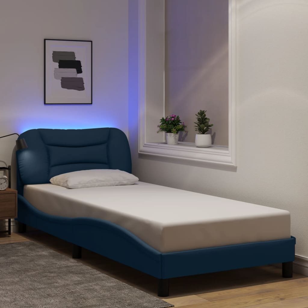 vidaXL Cadru de pat cu lumini LED, albastru, 90x190 cm, textil