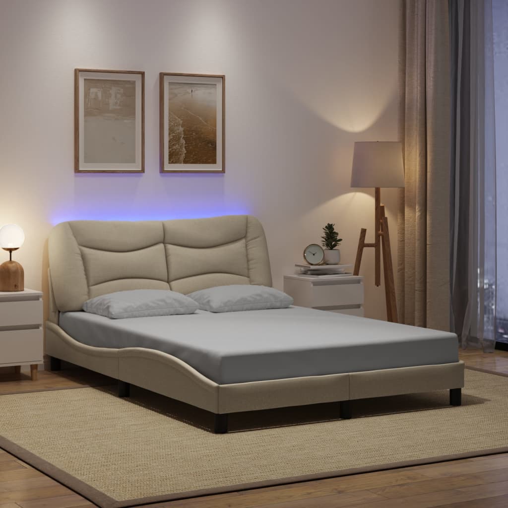 vidaXL Cadru de pat cu lumini LED, crem, 140x190 cm, textil