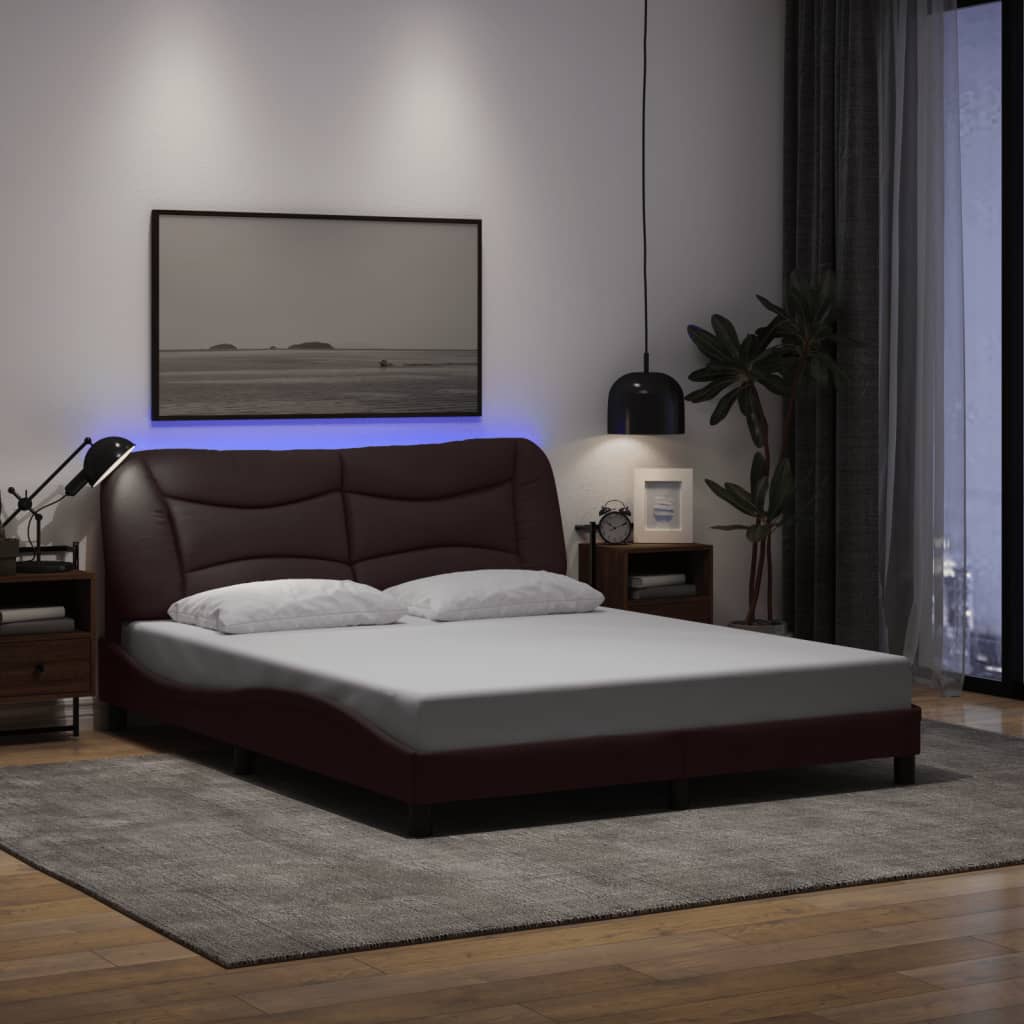 vidaXL Cadru de pat cu lumini LED, maro închis, 160x200 cm, textil