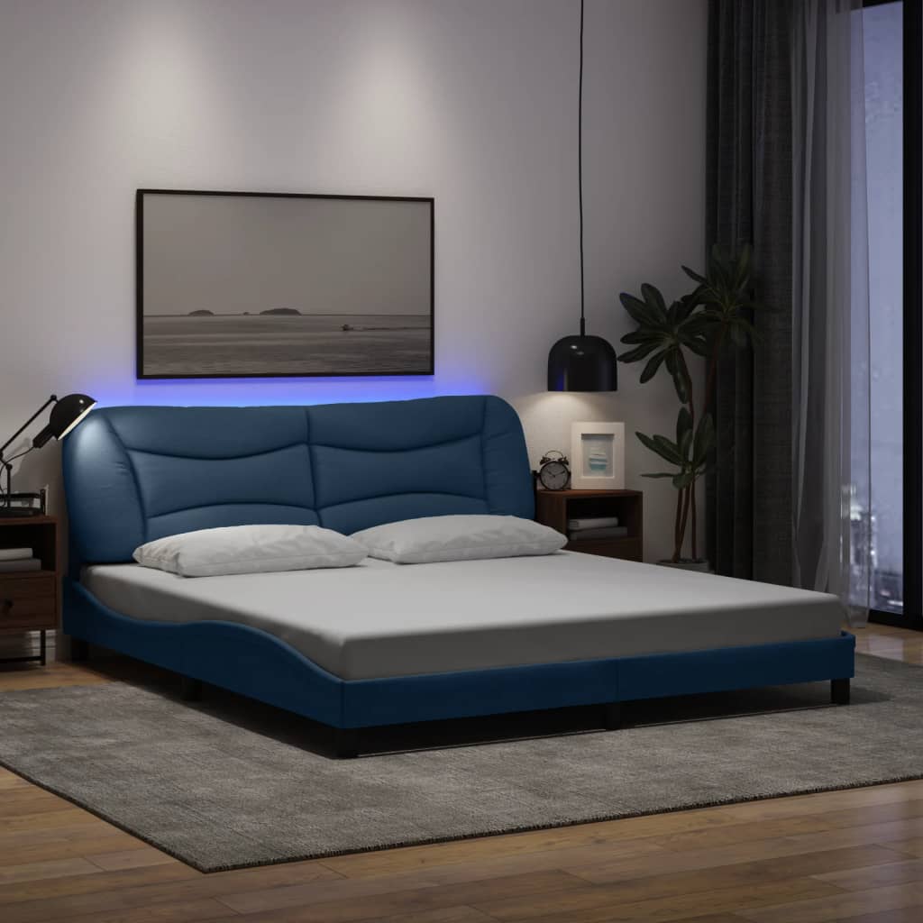 vidaXL sengeramme med LED uden madras Hvar 180x200 cm stof blå
