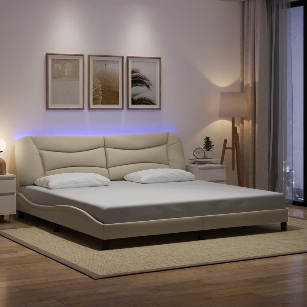 vidaXL Cadru de pat cu lumini LED, crem, 200x200 cm, textil
