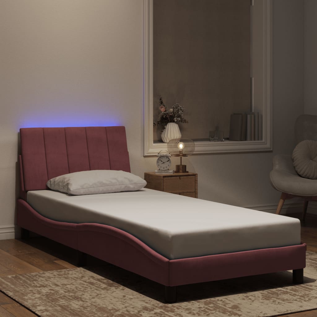 vidaXL Cadru de pat cu lumini LED, roz, 90x190 cm, catifea
