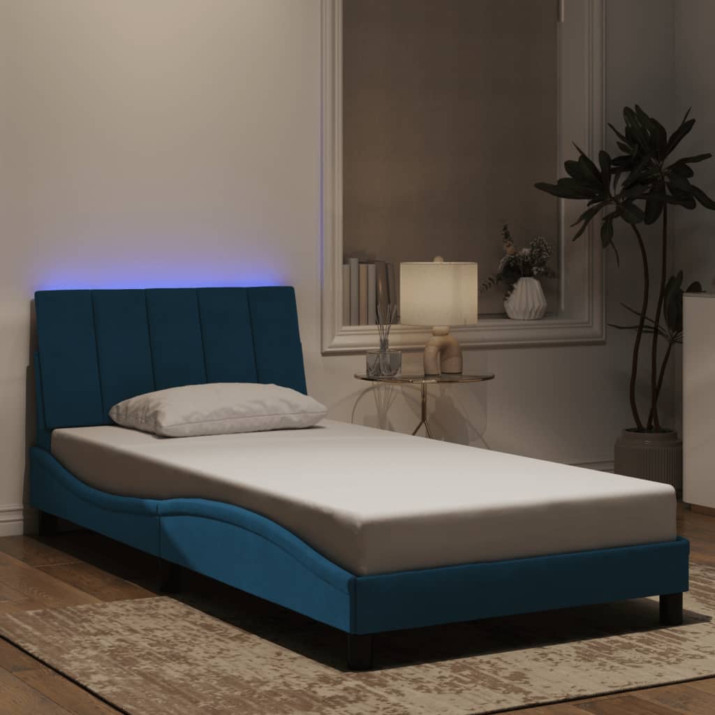 vidaXL Cadru de pat cu LED fără saltea, Hanko, albastru, 100x200 cm, catifea