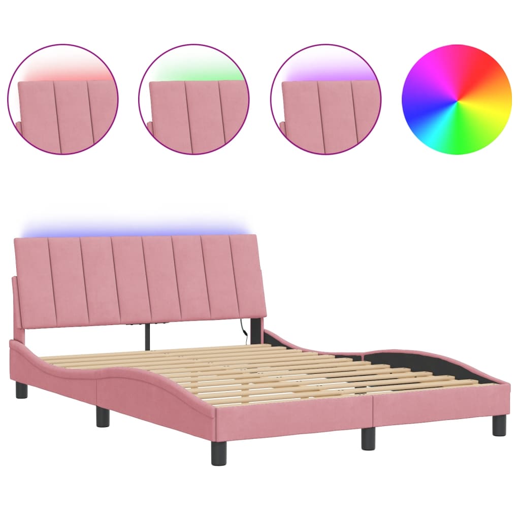 vidaXL Rám postele s LED osvětlením růžový 140 x 190 cm samet