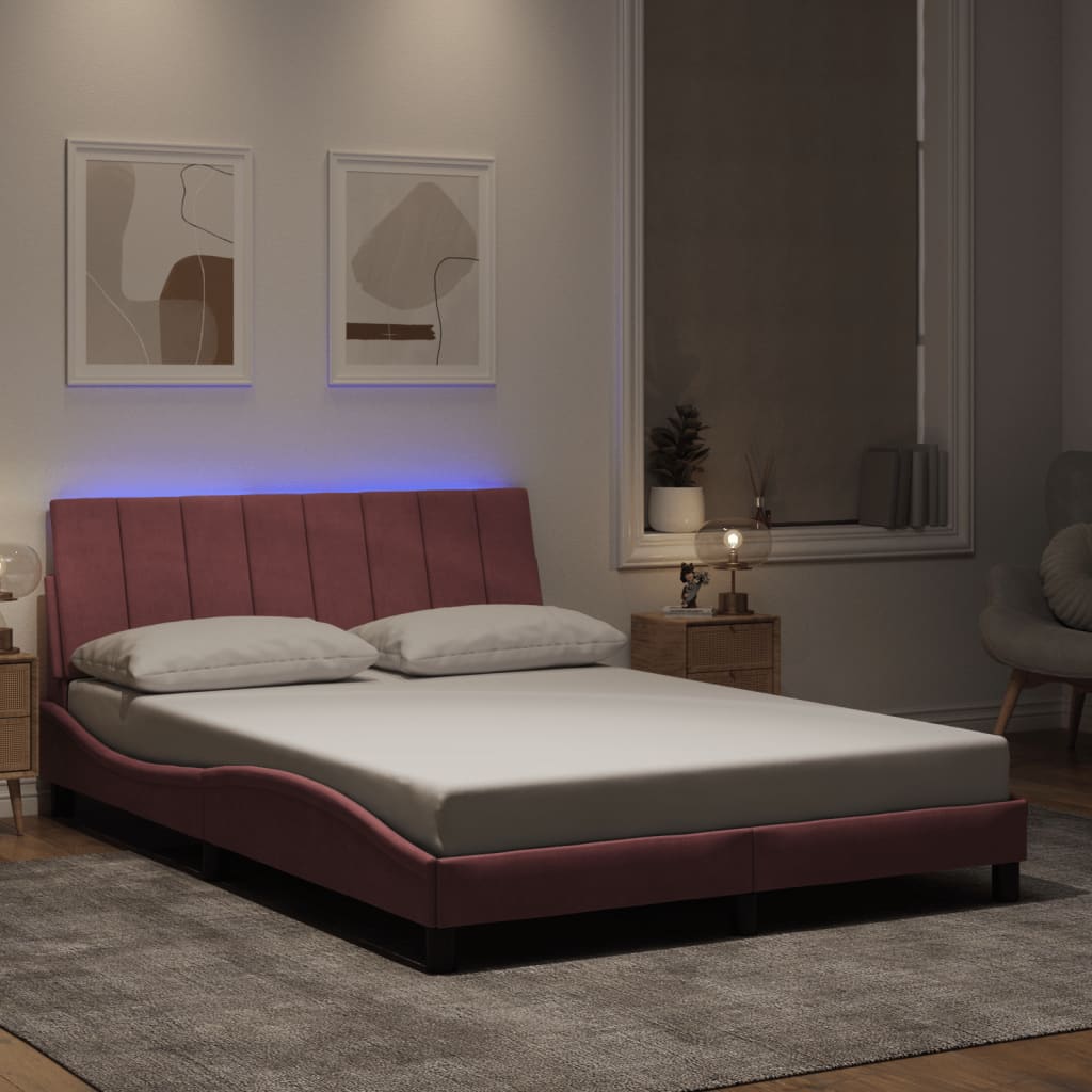 vidaXL Cadru de pat cu lumini LED, roz, 140x200 cm, catifea