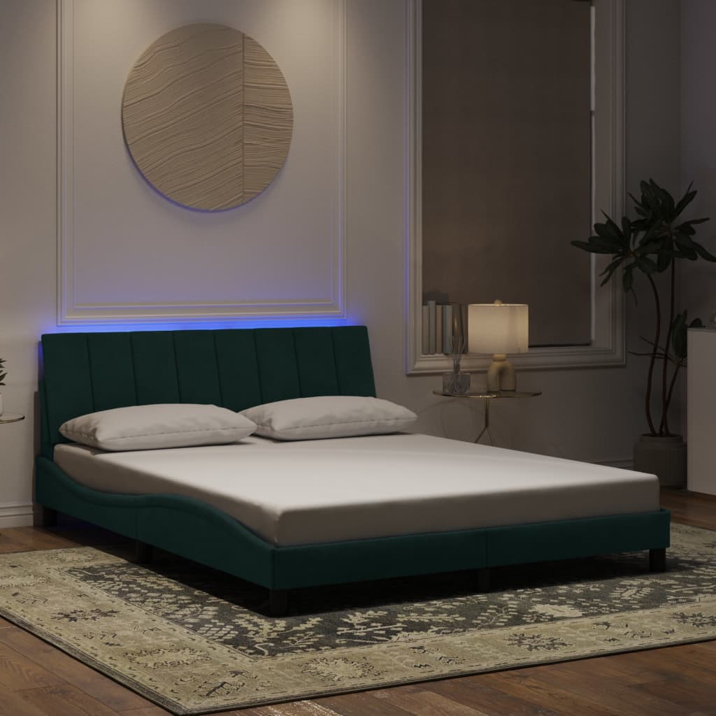 vidaXL Cadru de pat cu lumini LED, verde închis, 160x200 cm, catifea