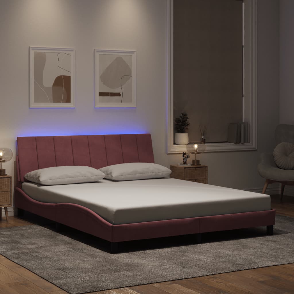 vidaXL Cadru de pat cu lumini LED, roz, 160x200 cm, catifea