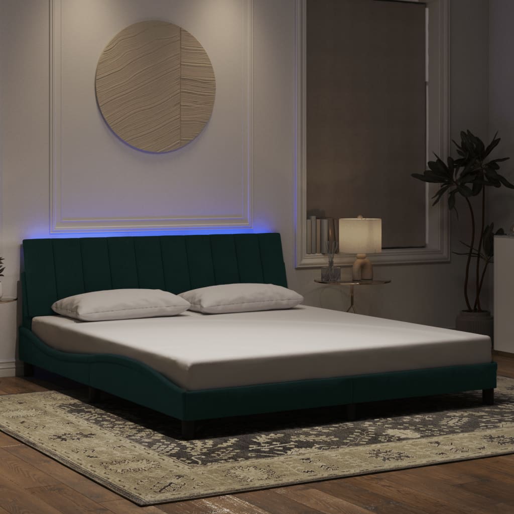 vidaXL Cadru de pat cu lumini LED, verde închis, 180x200 cm, catifea