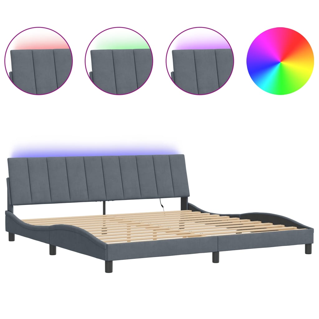 vidaXL Rám postele s LED osvětlením tmavě šedý 200 x 200 cm samet