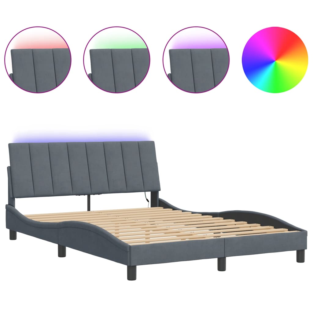 vidaXL Rám postele s LED osvětlením bez matrace Hanko tmavě šedý 137 x 190 cm samet