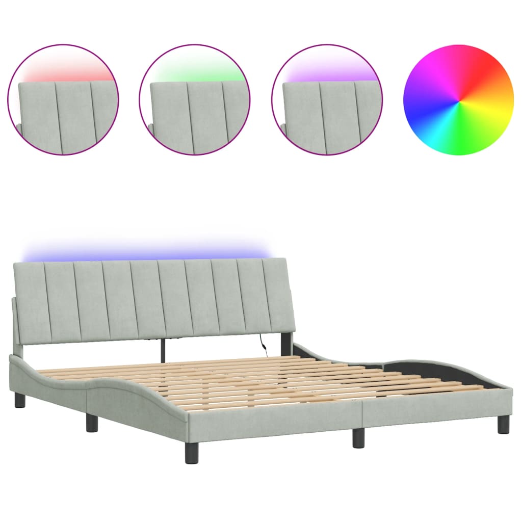 vidaXL Rám postele s LED osvětlením bez matrace Hanko světle šedý 183 x 213 cm samet