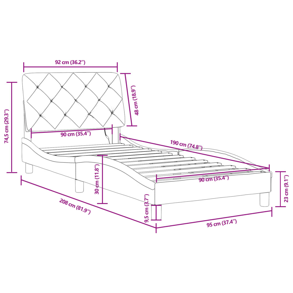 Rám postele s LED bez matrace tmavě šedý 90 x 190 cm samet - obrázek 15