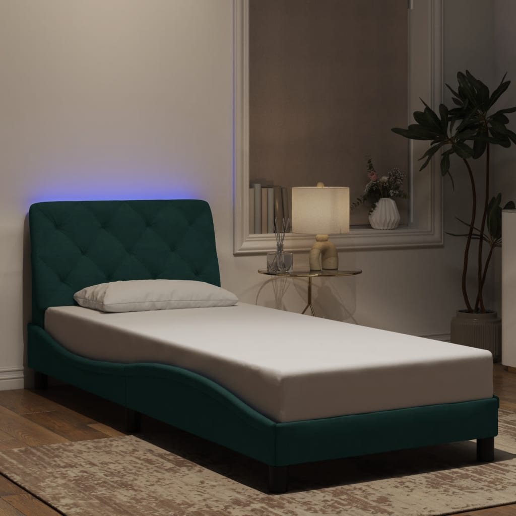 vidaXL Cadru de pat cu lumini LED, verde închis, 90x190 cm, catifea