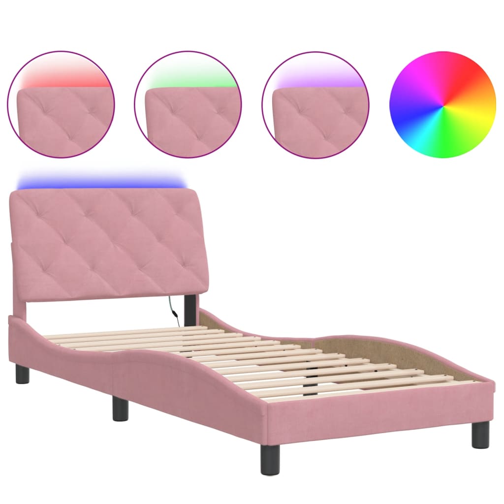 vidaXL Rám postele s LED osvětlením růžový 90 x 190 cm samet