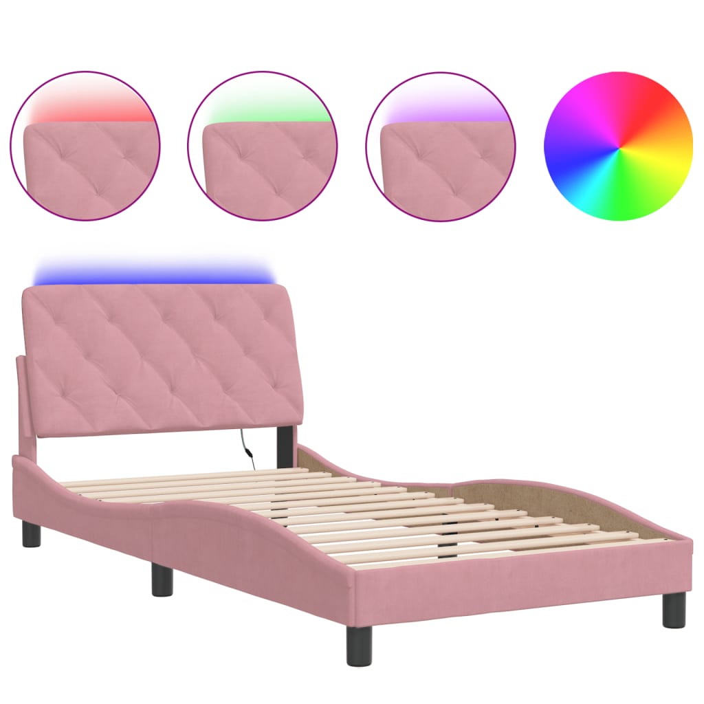 vidaXL Rám postele s LED osvětlením růžový 100 x 200 cm samet