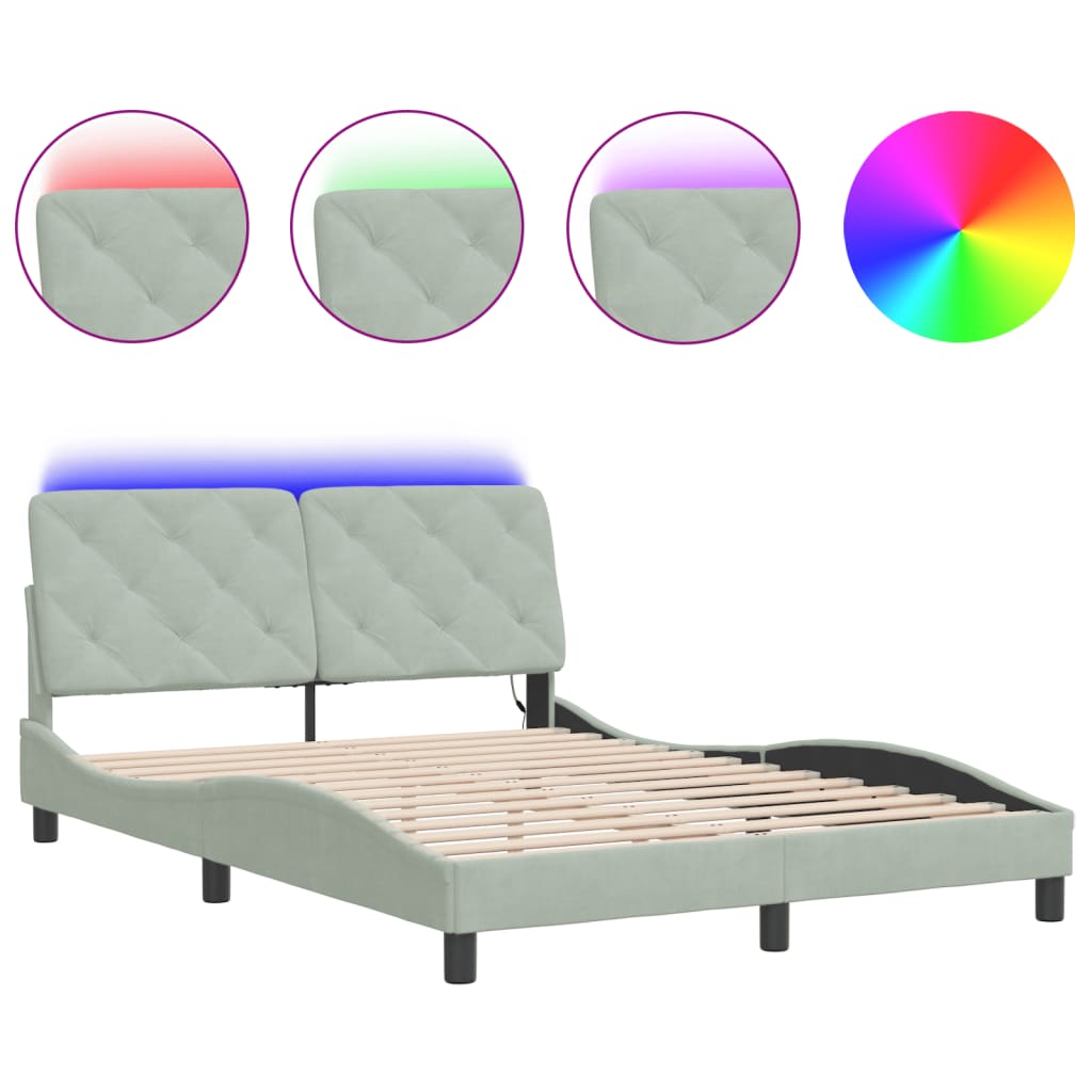 vidaXL Rám postele s LED osvětlením světle šedý 140 x 190 cm samet
